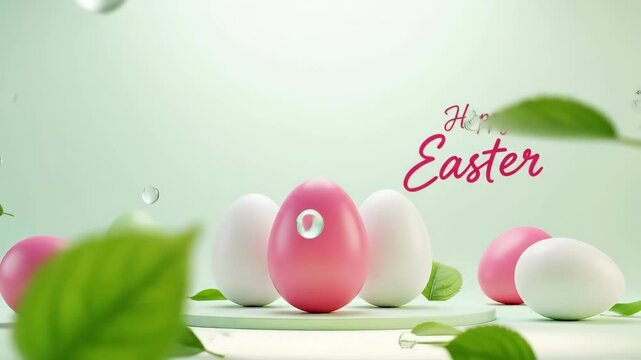 Happy Easter eggs display with spring leaves and water drops on light green background. Minimalist holiday concept for greeting card.