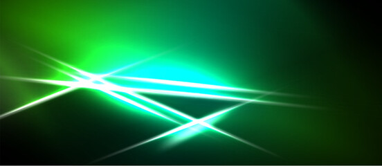 Naklejka premium Bright green light streaks across dark background. Abstract energy radiates from central point, creating dynamic visual effect.