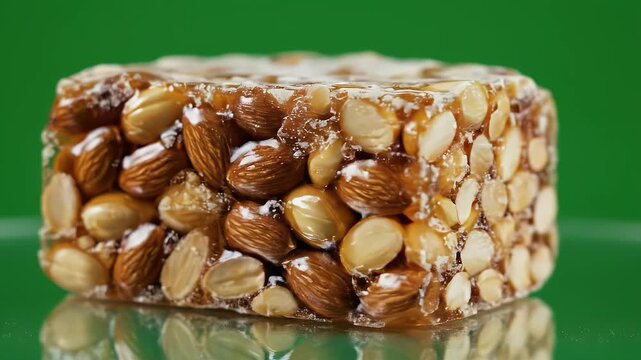 Close Up Of Traditional Spanish Turron Candy Made With Assorted Nuts Almonds And Peanuts Bound In Golden Caramel On A Reflective Surface With A Vibrant Green Background