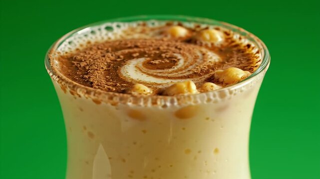 Close-up of Traditional Turkish Boza Drink in Glass Garnished with Cinnamon and Hazelnuts Against a Vibrant Green Studio Background Cinematic Food Photography