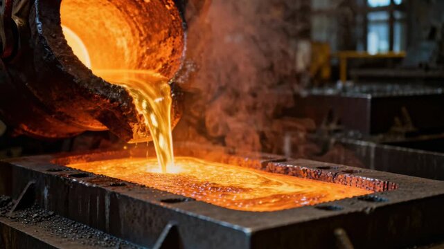 Molten metal pouring from a large industrial ladle into a rectangular mold with glowing sparks.