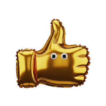A shiny gold foil balloon shaped like a thumbs up sign with two cartoonish googly eyes attached isolated on white background