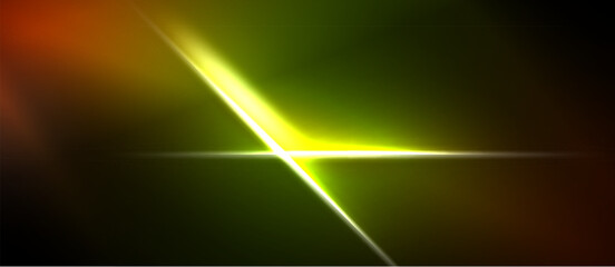 Naklejka premium Abstract light flare. Vivid green, orange hues dominate dark background. Diagonal beam creates bright focal point. Dramatic effect.