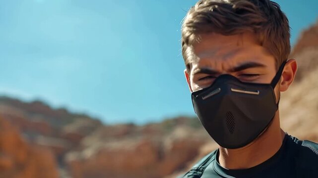 Breathing in the Desert: A person wears a protective face covering to navigate a rugged desert environment, squinting against the bright sunlight and emphasizing the importance of health awareness.
