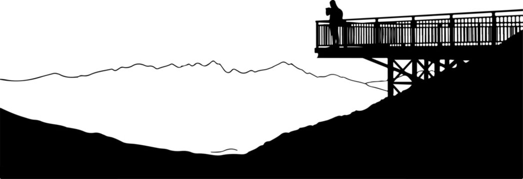 Vector silhouette of person on observation deck overlooking mountains