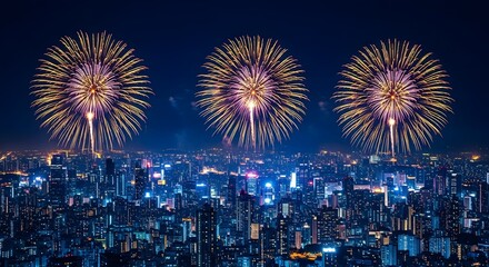 Fototapeta premium Vibrant fireworks display over cityscape at night