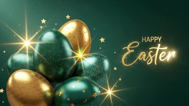 Happy Easter text with golden and green eggs. Festive holiday decoration for greeting card, banner, poster design. Seasonal celebration.