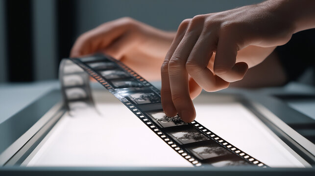 Man holding photographic film strip over illuminated light table. Photographer editing negative roll for printing. Professional darkroom processing, analog cinema and media production concept.