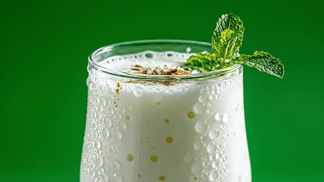 Close up shot of creamy salted lassi drink with condensation and mint garnish on vibrant green background cinematic food commercial