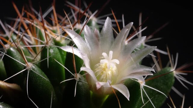 Macro time-lapse of colorful cactus blossom, showing delicate petal movement.