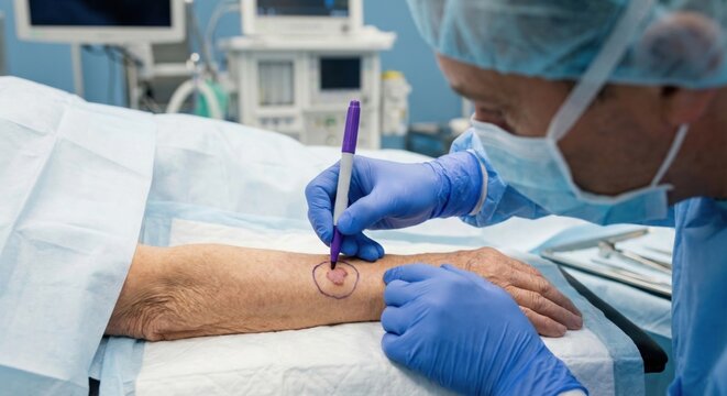 Surgeon marking skin cancer lesion on elderly patient arm