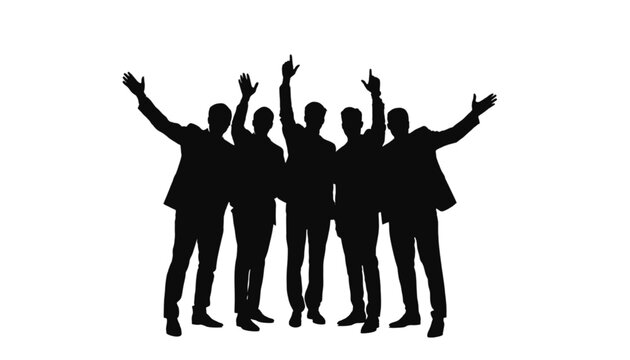 Five businessmen silhouettes celebrate success with raised arms in a dynamic pose against white.