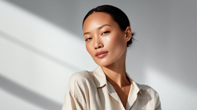 Asian woman with radiant dewy skin and sleek bun poses against white background with diagonal shadow. Her glowing complexion with delicate shimmer captures skincare hydration and beauty wellness.