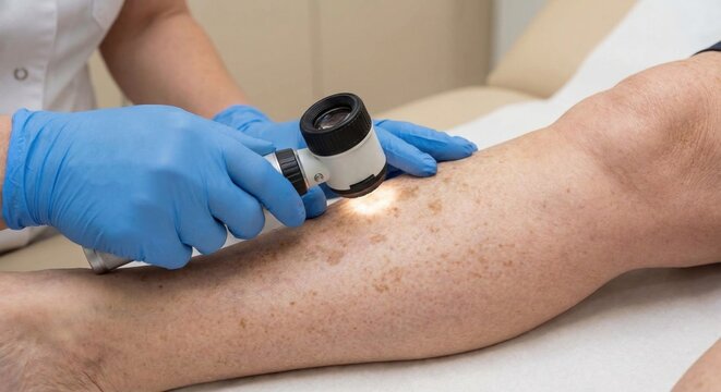 Dermatologist examining skin lesions on leg with dermatoscope