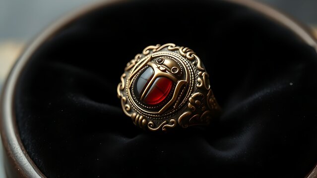 khepri. Ornate scarab beetle gemstone seal ring on black velvet with detailed carving. wildlife magazines, conservation campaigns, designed for eco-tourism storytelling, used by recruiters.
