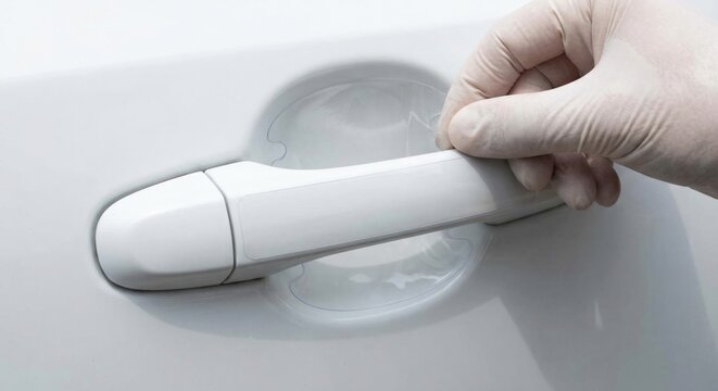 Installing car door handle cup protection film on white vehicle