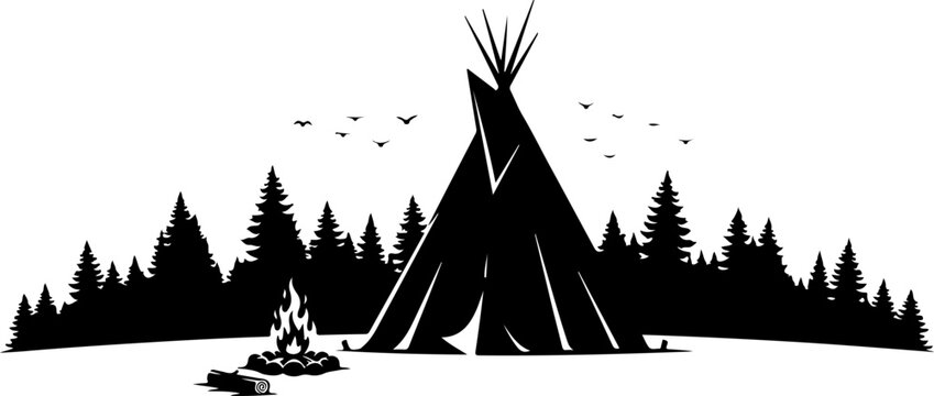 Black silhouette of a teepee in a forest vector