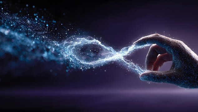 A human hand manipulates a vibrant luminous stream of blue and white glowing particles forming a double helix in a dark futuristic abstract space