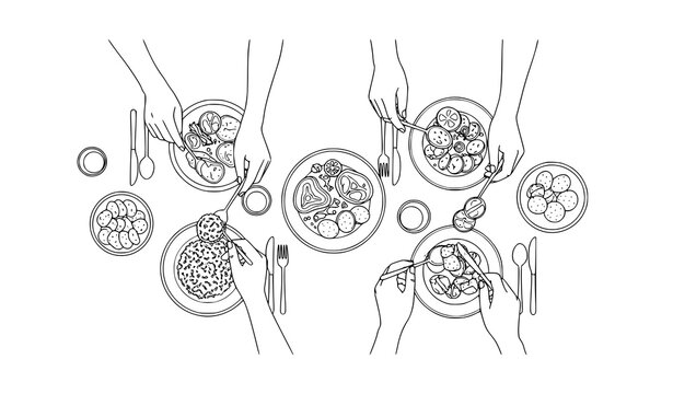 Top view dining table with rice meat and potatoes black and white line art hands eating food vector illustration