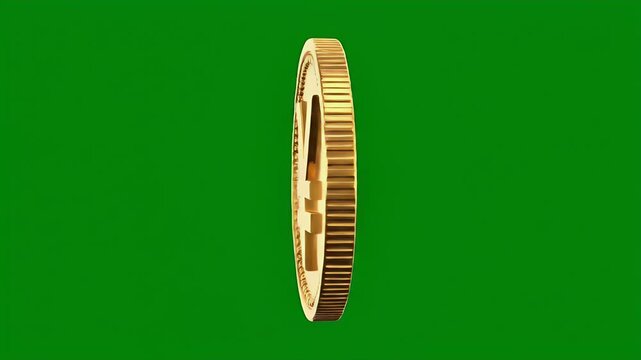 A gold coin's edge with reeded details and a subtle engraved pattern against green