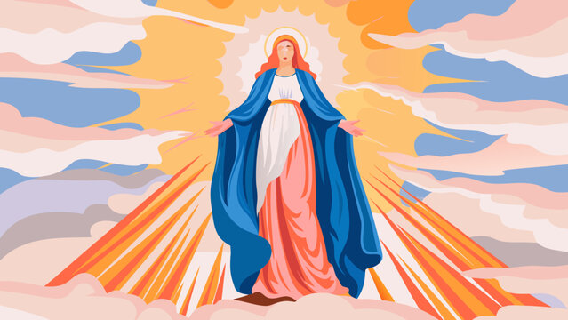 Modern Flat Illustration of the Blessed Virgin Mary Standing in a Celestial Sky with Radiant Divine Light and Clouds