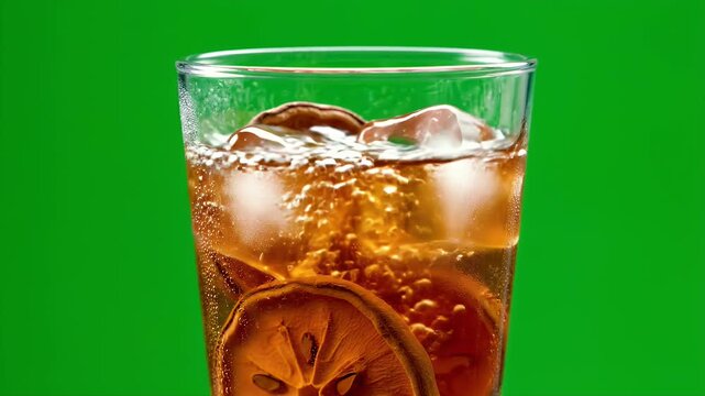 Refreshing Bael Fruit Tea Poured Over Ice Cubes in a Clear Glass with Dehydrated Slices Against a Vivid Green Screen Background