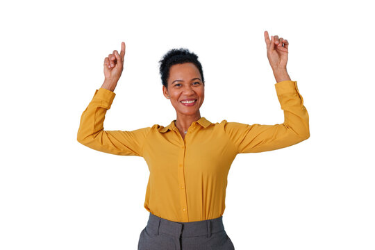 Happy smiling businesswoman raising arms and pointing up, indicating success and a positive outcome on transparent background