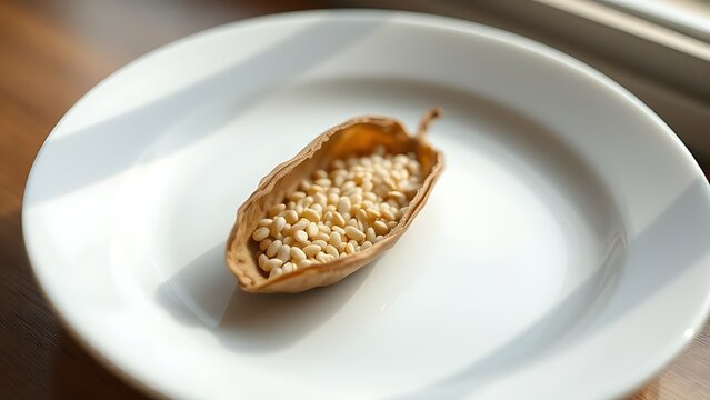 beniseed. A dried sesame pod split open on a white plate, revealing tiny seeds. gardening catalogs, home-decor guides, designed for home decor and floral branding, used by chefs.