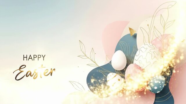 Happy Easter colorful illustration with eggs and golden organic shapes. Seasonal holiday celebration for greeting card or banner.