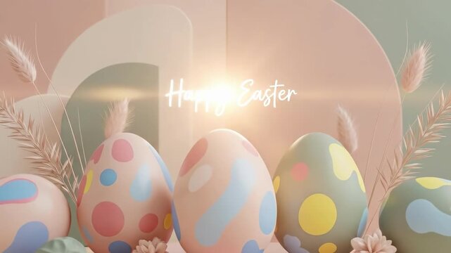 Happy Easter text on soft pastel background with decorative spotted eggs and dried flowers. Holiday celebration and spring season concept.