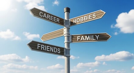 Obraz premium A signpost with multiple signs pointing in different directions representing life choices and priorities