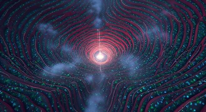 Abstract cosmic vortex with glowing nebula and swirling patterns creating a sense of deep space exploration and otherworldly dimensions
