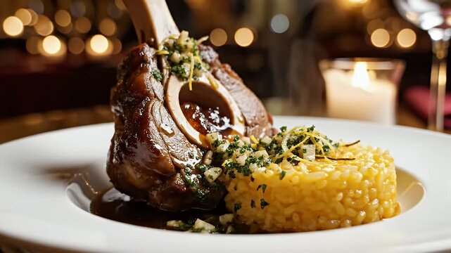Rich Braised Veal Shank Osso Buco Served With Saffron Risotto In A Romantic Candlelit Dinner Setting With Soft Bokeh Lights