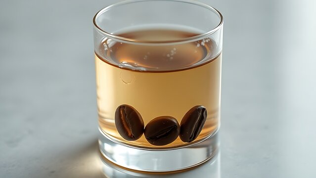 sambuca. Glass of clear sambuca with three coffee beans, condensation on the surface. bar promotions, beverage menus, designed for product packaging and bar promotions, inspires menu design.