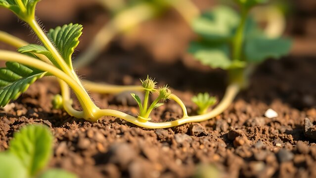 stolon. Close-up of a strawberry plant's stolon creeping across soil in morning light. gardening catalogs, home-decor guides, designed for gardening and botanical catalogs, enhances decor appeal.