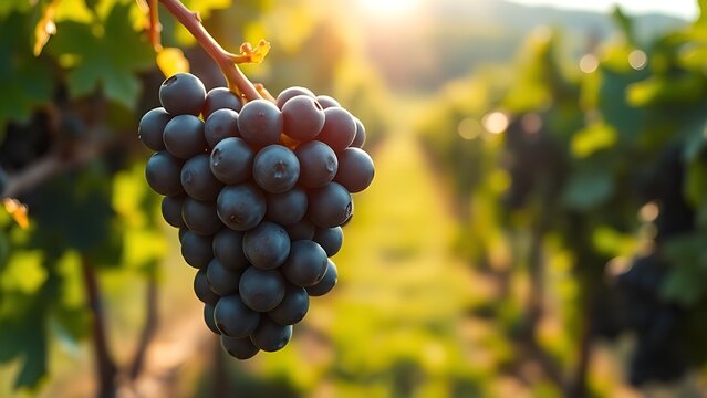 generality. A single cluster of Cabernet Sauvignon grapes glistening with dew in a vineyard under soft sunlight. gardening catalogs, home-decor guides, designed for home decor and floral branding.