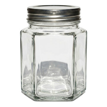 Empty hexagonal glass jar with metal lid on transparent background PNG