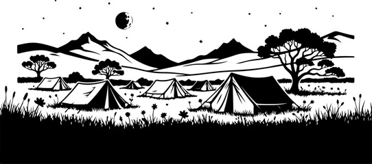 Obraz premium Vector illustration of a black and white camping scene with tents and mountains