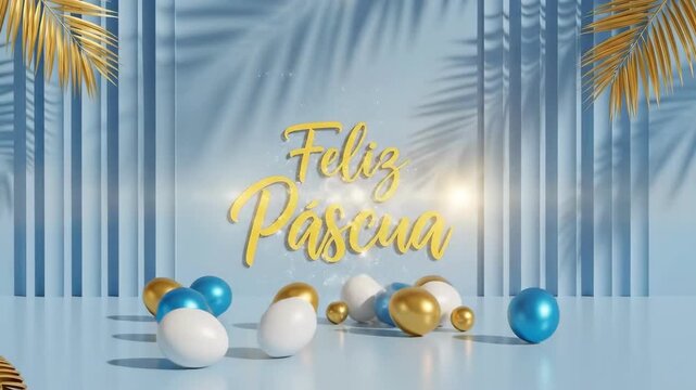 Spanish Happy Easter greeting Feliz Pascua with colorful eggs and gold coins on blue background with palm leaf shadows. Modern Easter decoration for celebrations and cards