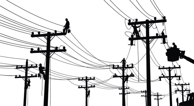 Silhouettes of workers repairing utility poles and power lines against a white background 1