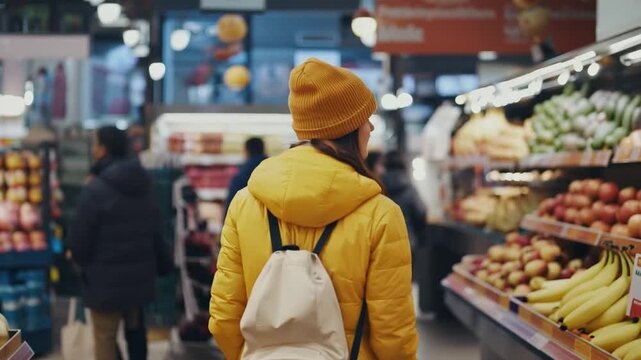 Grocery Aisle Exploration: A woman, clad in a cozy yellow jacket and hat, explores a bustling grocery aisle, her focus set on selecting fresh produce while people browse.