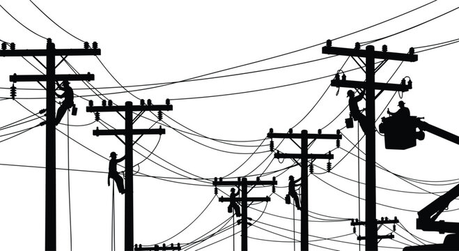 Silhouettes of workers repairing utility poles and power lines against a white background