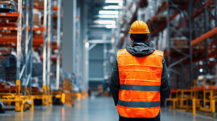 Fototapeta premium Warehouse worker wea a hard hat and safety vest standing in a large distribution center with shelves full of goods, looking into the distance.