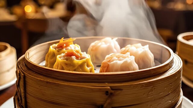 Steaming Dim Sum Assortment in Bamboo Steamer Basket with Delicate Orange Garnish and Soft Bokeh Background Lighting Upscale Restaurant Ambiance