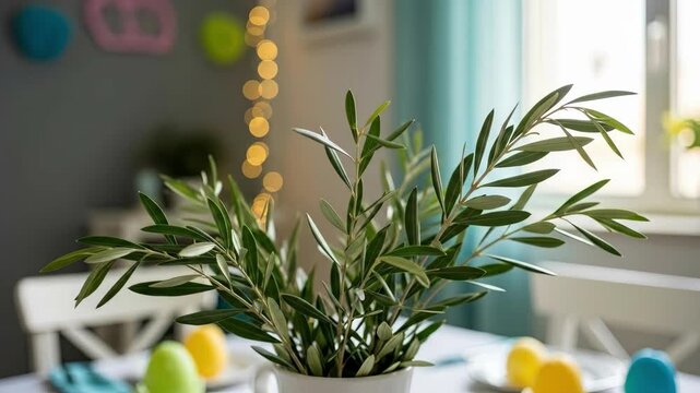 Easter table decoration featuring potted olive branch and colorful eggs. Festive spring holiday setup with fairy lights, balloons and plants in cozy home interior. Celebration concept for seasonal