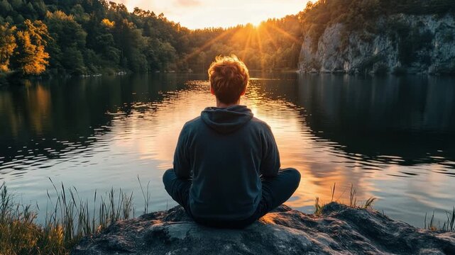 Serene Reflection by the Lake: A person meditates peacefully by the tranquil lake, embracing the sun's warm rays, embodies the essence of introspection.
