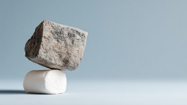 Granite stone balancing on soft marshmallow marshmallow precarious stability business risk management and marshmallow day concept