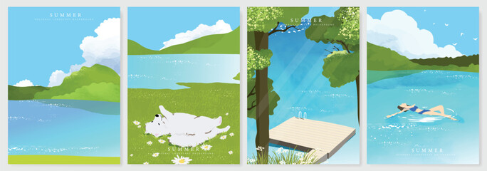 Naklejka premium Abstract Green Summer landscape background vector set. Nature wallpaper of green field on mountain, yellow flowers, blue sky , birds, river. Watercolor illustration for cover, wall art, decoration.