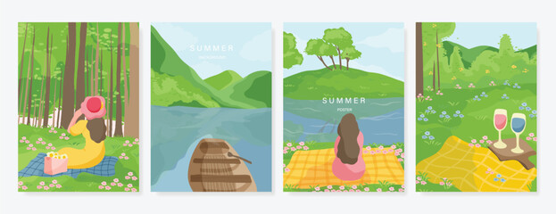 Naklejka premium Abstract Green Summer landscape background vector set. Nature wallpaper of green field on mountain, yellow flowers, blue sky , birds, river. Watercolor illustration for cover, wall art, decoration.