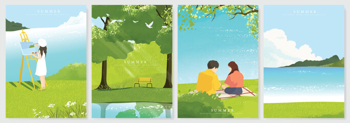 Fototapeta premium Abstract Green Summer landscape background vector set. Nature wallpaper of green field on mountain, yellow flowers, blue sky , birds, river. Watercolor illustration for cover, wall art, decoration.